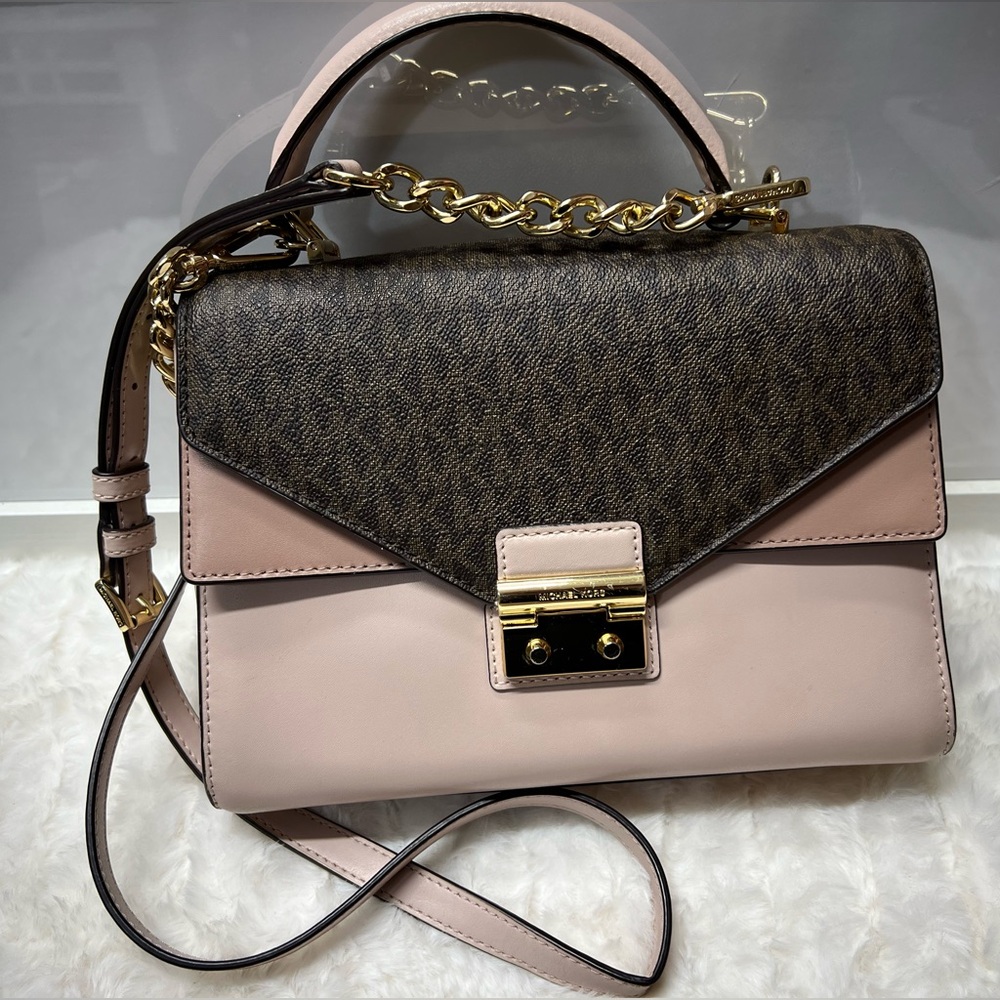 Michael Kors Pink and Brown Satchel with Gold Chain